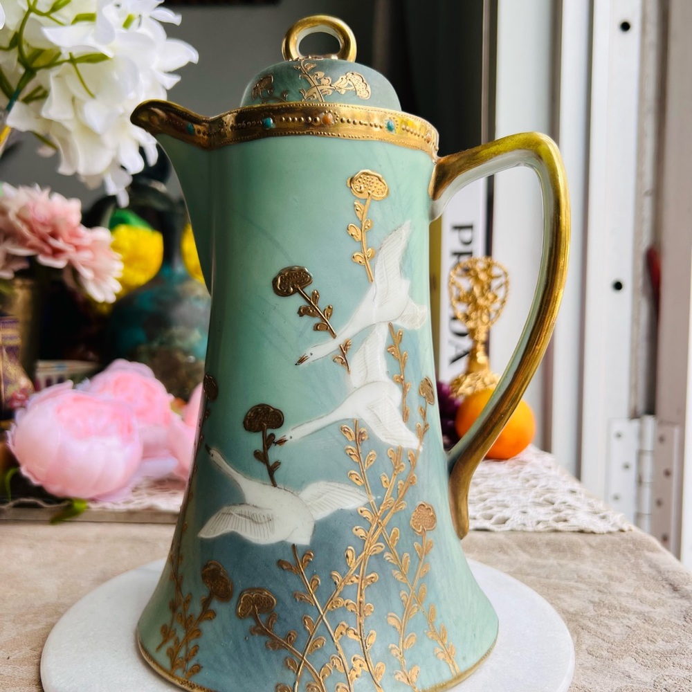 Ethereal Green and Gold Porcelain Hot cocoa or tea Pitcher